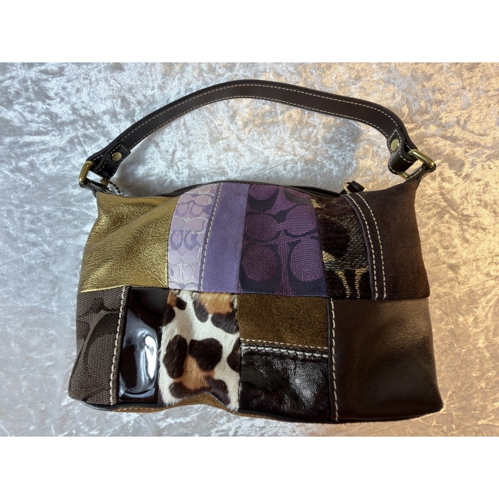 Coach Vintage Y2K Patchwork Mini Demi Bag Purple Leopard Suede Leather